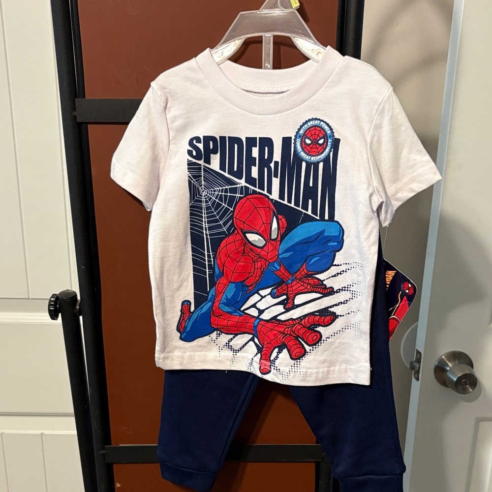 Marvel Spider-Man White Tee with Red & Blue Graphic and Navy Pants